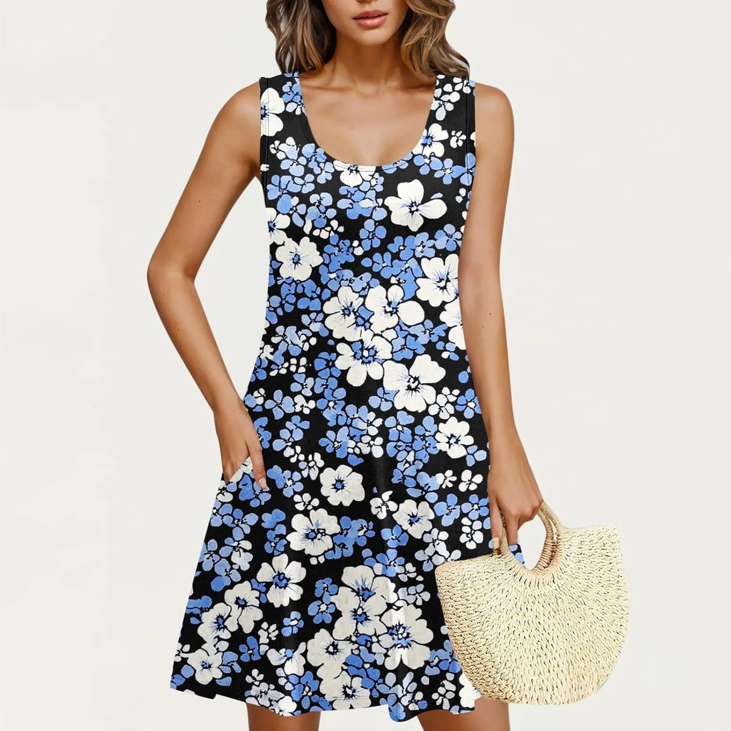 Womens Summer Dresses Casual Sleeveless Tshirt Sundress Loose Flowy Boho Floral Print Beach Cover Up Loose Tank Dress