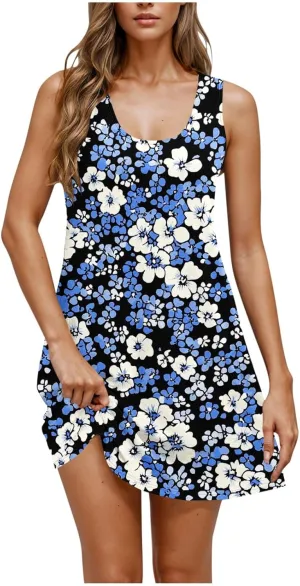 Womens Summer Dresses Casual Sleeveless Tshirt Sundress Loose Flowy Boho Floral Print Beach Cover Up Loose Tank Dress