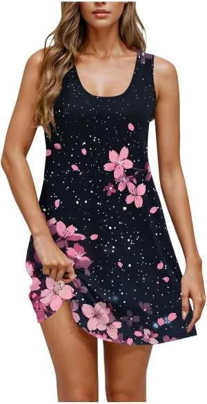 Womens Summer Dresses Casual Sleeveless Tshirt Sundress Loose Flowy Boho Floral Print Beach Cover Up Loose Tank Dress
