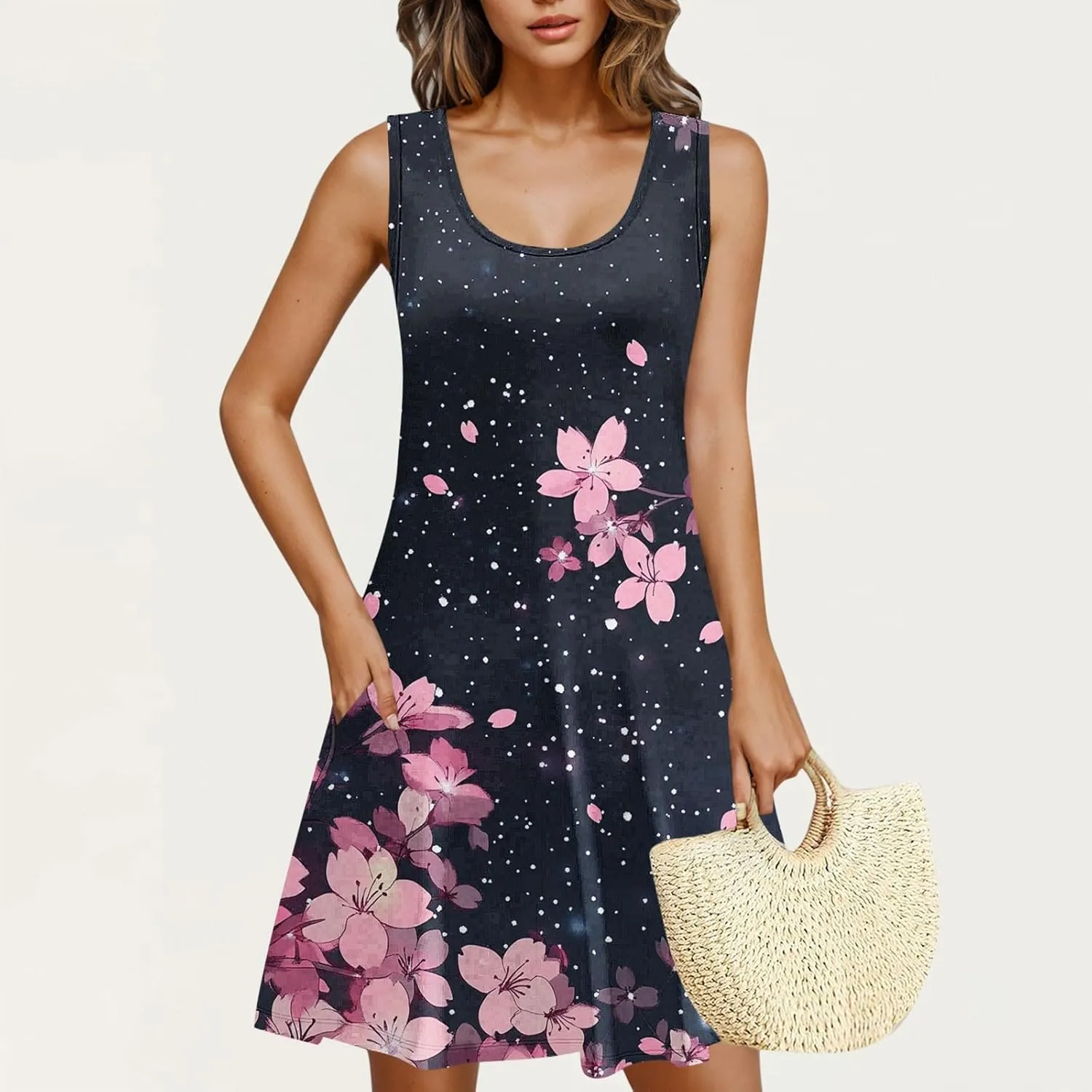 Womens Summer Dresses Casual Sleeveless Tshirt Sundress Loose Flowy Boho Floral Print Beach Cover Up Loose Tank Dress