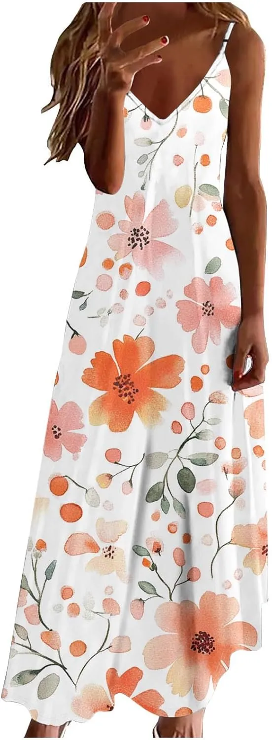 Women's Summer Maxi Dress 2025 Casual Spaghetti Straps V Neck Sundresses Boho Floral Print Beach Travel Cami Dresses