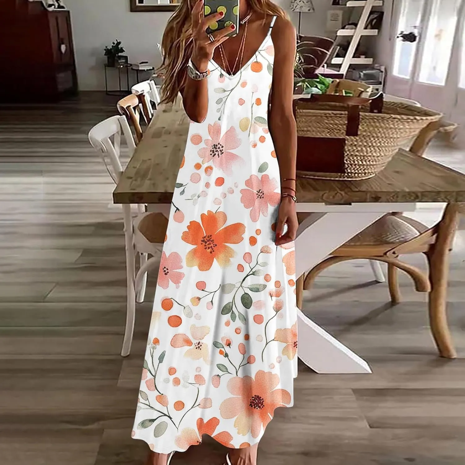 Women's Summer Maxi Dress 2025 Casual Spaghetti Straps V Neck Sundresses Boho Floral Print Beach Travel Cami Dresses