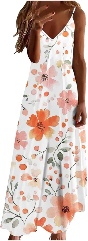 Women's Summer Maxi Dress 2025 Casual Spaghetti Straps V Neck Sundresses Boho Floral Print Beach Travel Cami Dresses
