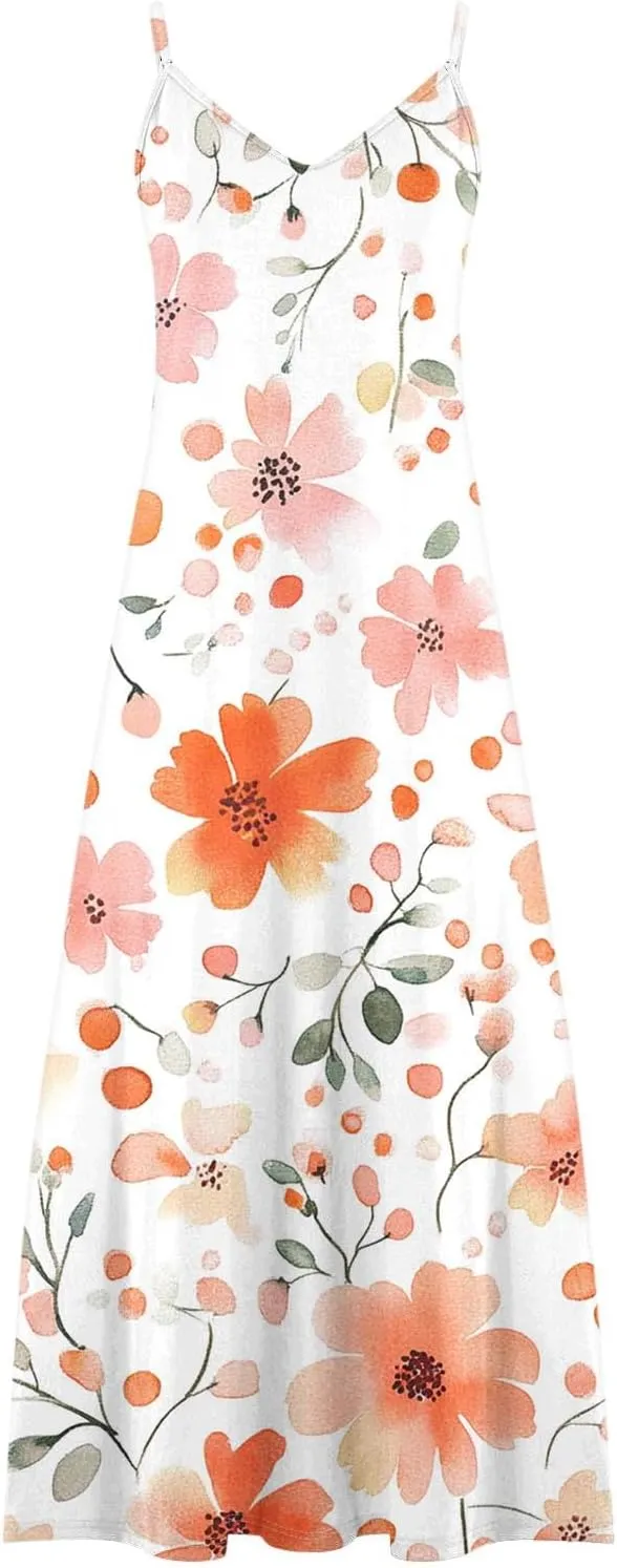 Women's Summer Maxi Dress 2025 Casual Spaghetti Straps V Neck Sundresses Boho Floral Print Beach Travel Cami Dresses