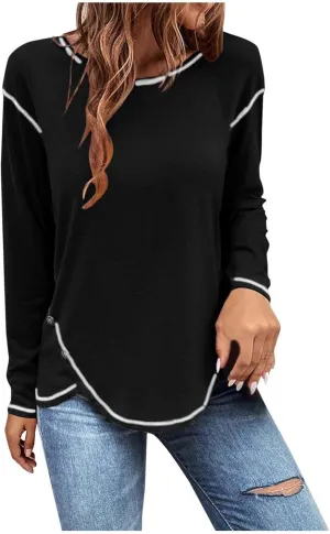 Womens Tops Fall Fashion 2024 Long Sleeve Solid Color Shirt Crew Neck Side Split Blouse Basic Loose Spring Outfits