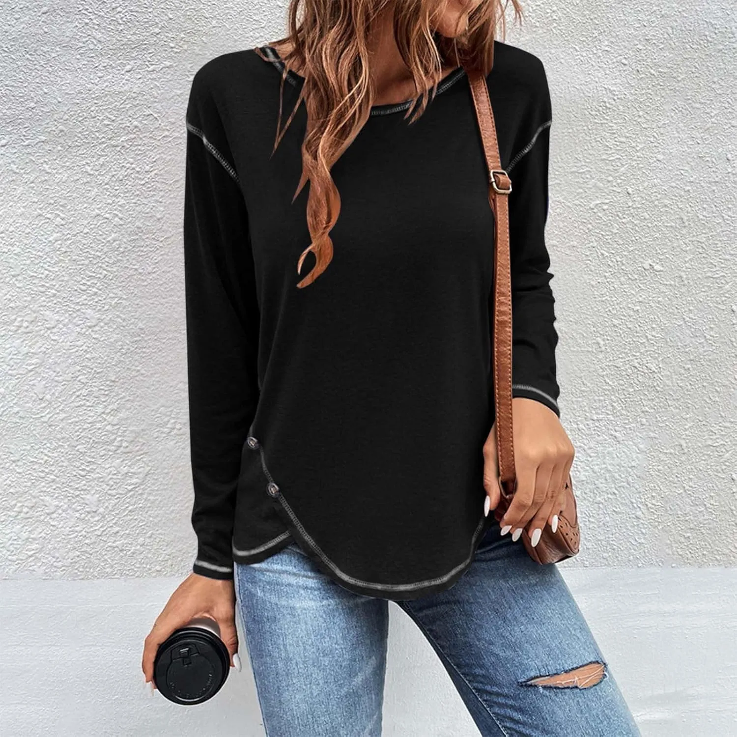 Womens Tops Fall Fashion 2024 Long Sleeve Solid Color Shirt Crew Neck Side Split Blouse Basic Loose Spring Outfits