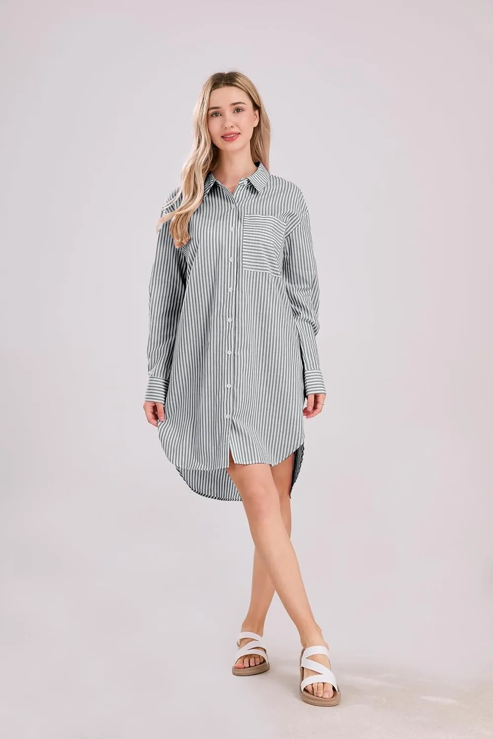 yoeasy Women's Casual Loose Long Sleeve Striped Button Down Mini Shirts Dress with Pocket