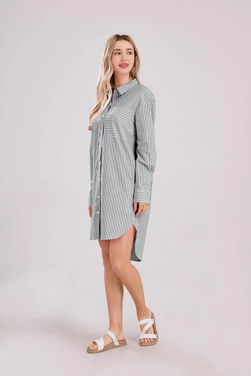 yoeasy Women's Casual Loose Long Sleeve Striped Button Down Mini Shirts Dress with Pocket