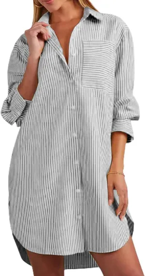 yoeasy Women's Casual Loose Long Sleeve Striped Button Down Mini Shirts Dress with Pocket