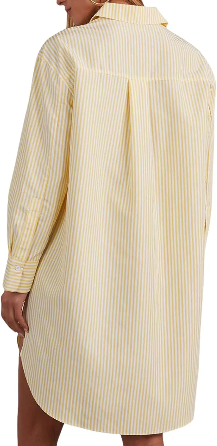 yoeasy Women's Casual Loose Long Sleeve Striped Button Down Mini Shirts Dress with Pocket