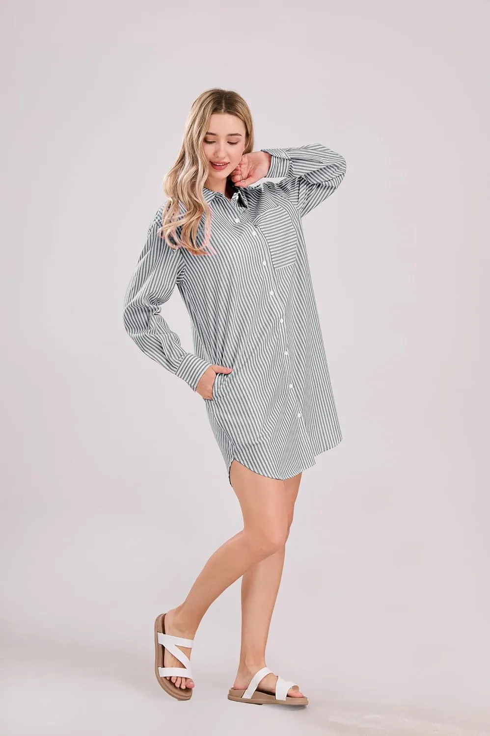 yoeasy Women's Casual Loose Long Sleeve Striped Button Down Mini Shirts Dress with Pocket