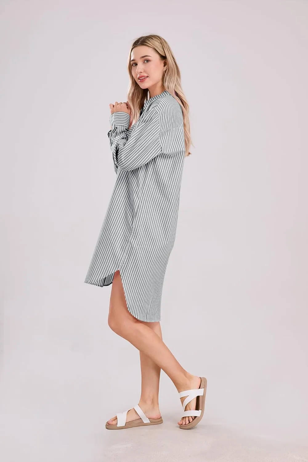 yoeasy Women's Casual Loose Long Sleeve Striped Button Down Mini Shirts Dress with Pocket