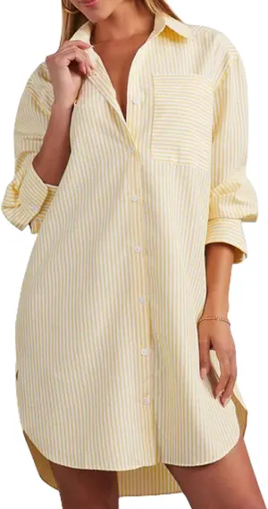 yoeasy Women's Casual Loose Long Sleeve Striped Button Down Mini Shirts Dress with Pocket