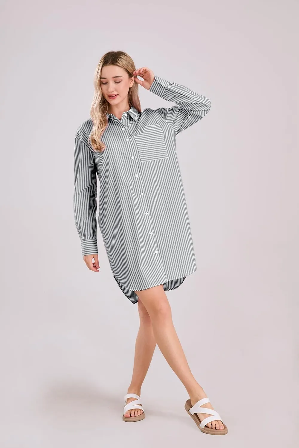 yoeasy Women's Casual Loose Long Sleeve Striped Button Down Mini Shirts Dress with Pocket