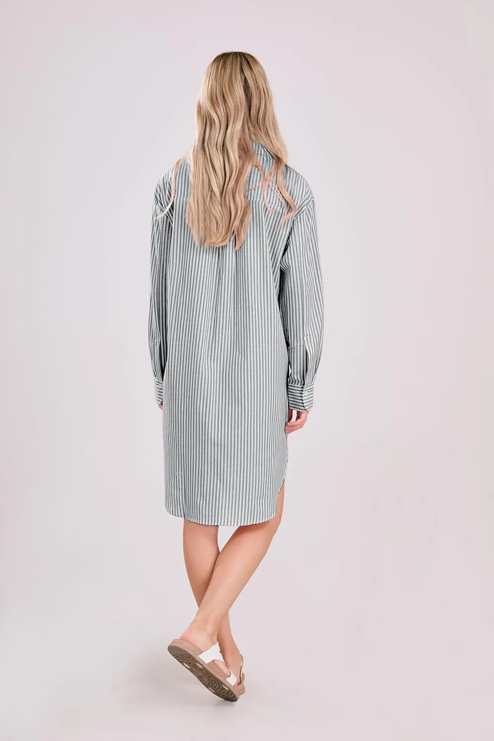 yoeasy Women's Casual Loose Long Sleeve Striped Button Down Mini Shirts Dress with Pocket