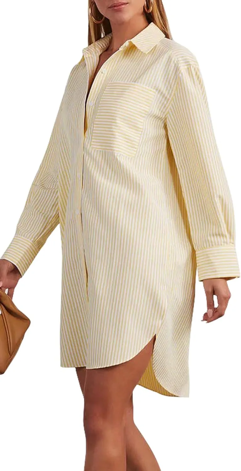 yoeasy Women's Casual Loose Long Sleeve Striped Button Down Mini Shirts Dress with Pocket
