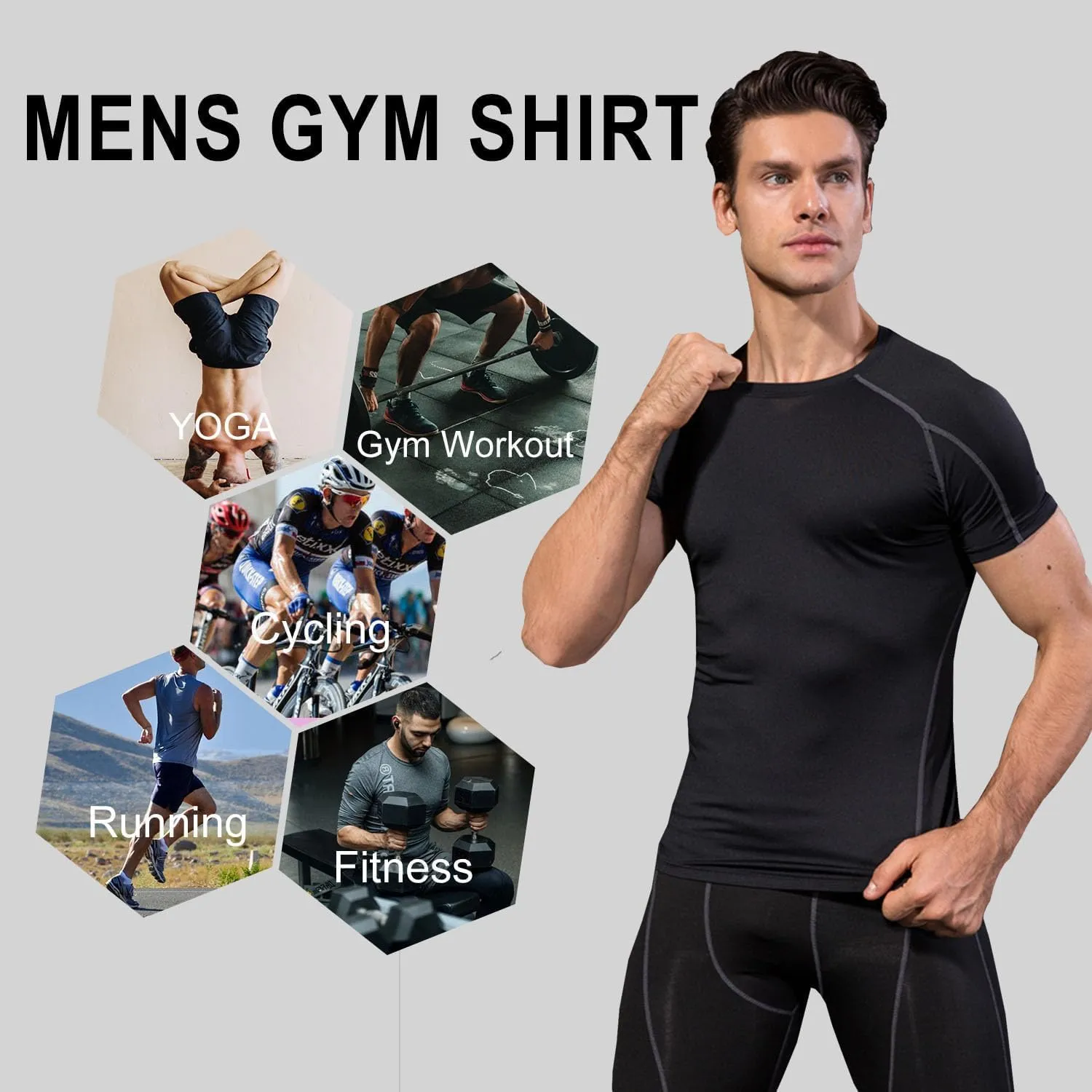 YUSHOW Men's Compression Shirts for Workout Moisture Wicking Quick Dry Running Athletic Base Layer Short Sleeve