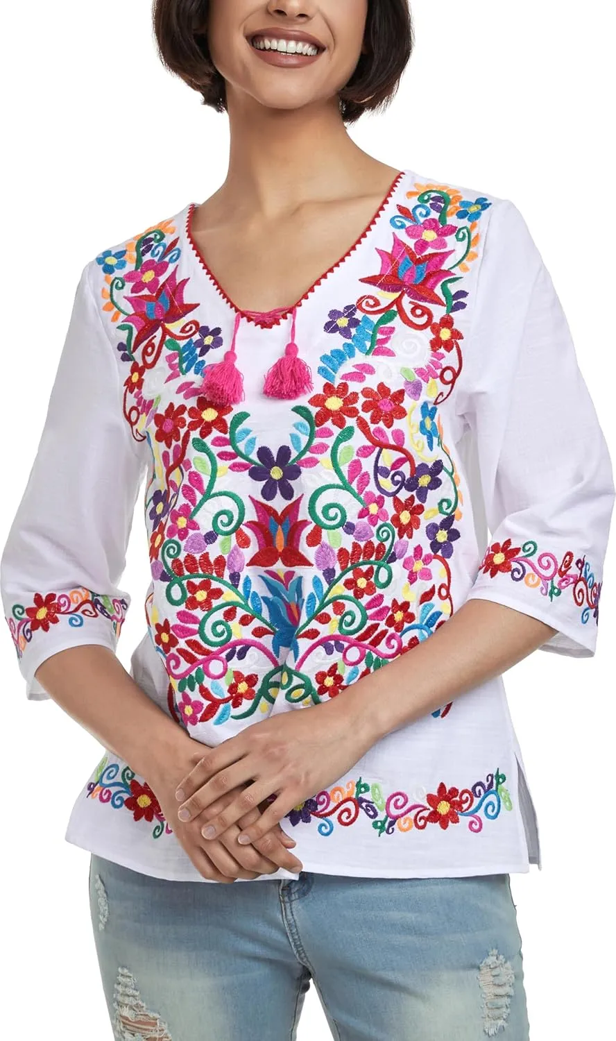 YZXDORWJ Women's Summer Embroidered Mexican Shirts Short Sleeve Casual Tops Blouse