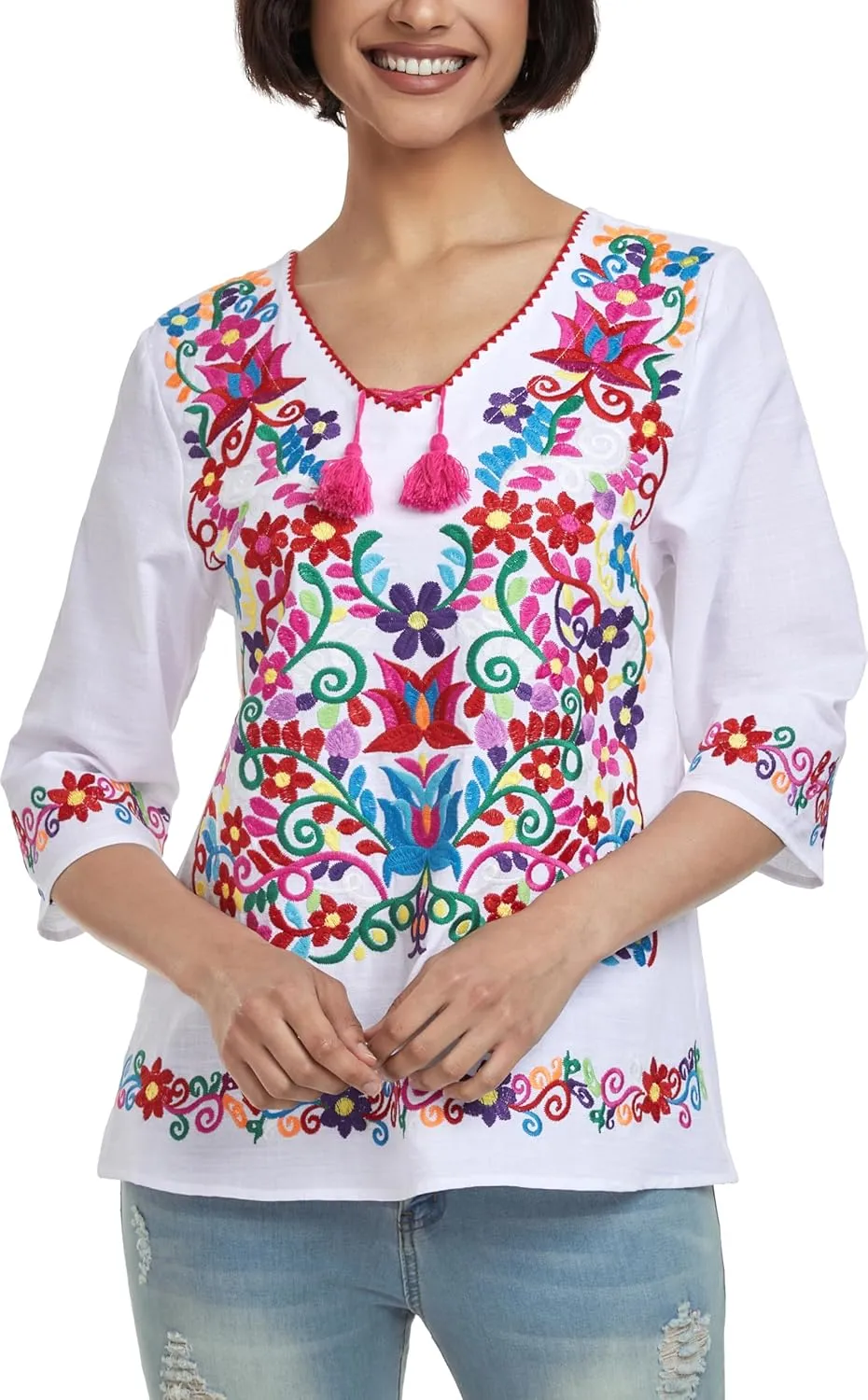 YZXDORWJ Women's Summer Embroidered Mexican Shirts Short Sleeve Casual Tops Blouse