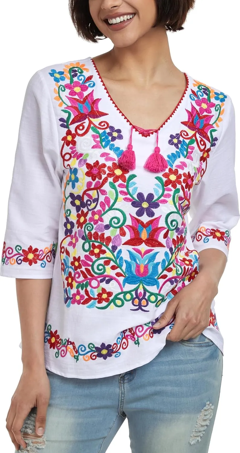 YZXDORWJ Women's Summer Embroidered Mexican Shirts Short Sleeve Casual Tops Blouse