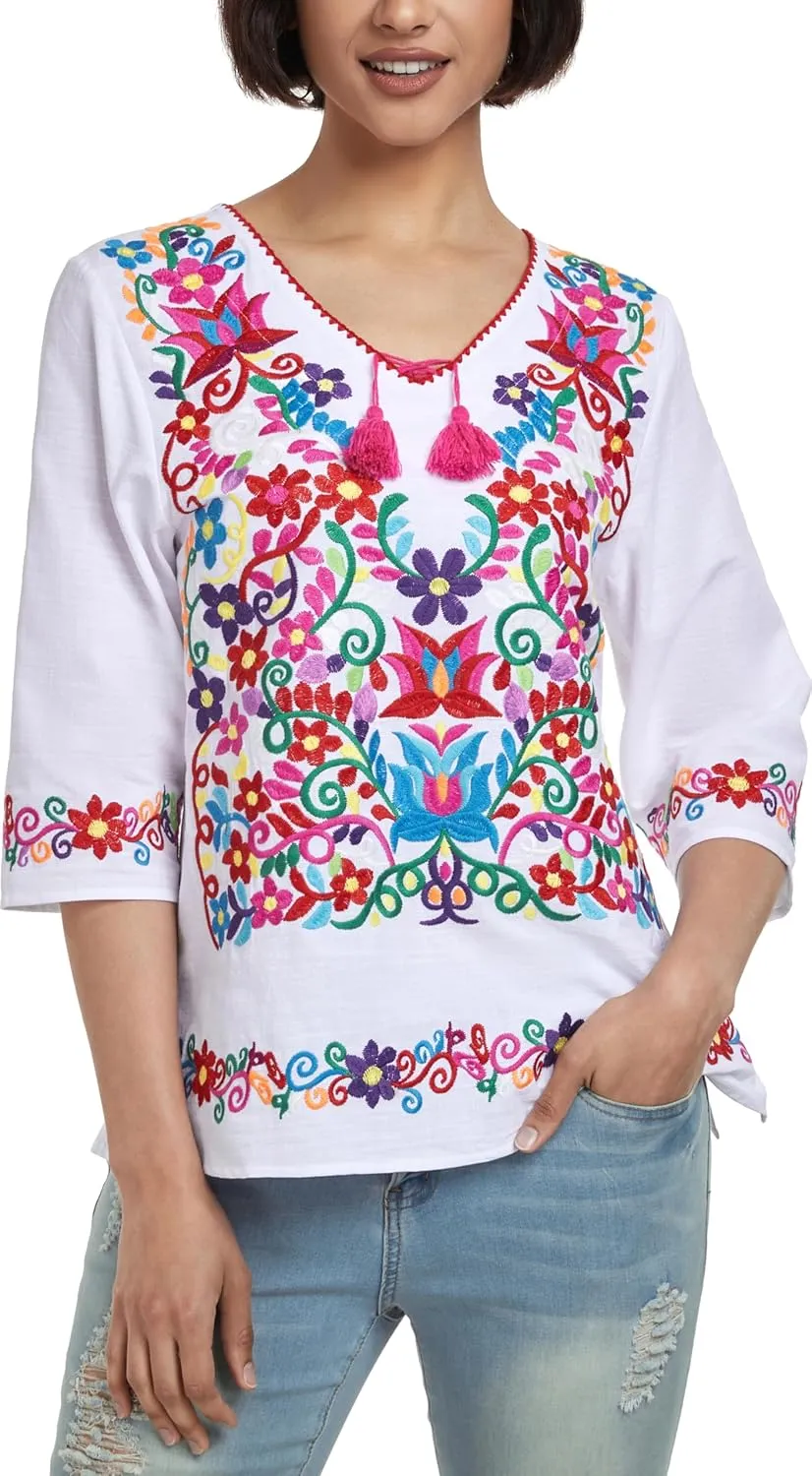 YZXDORWJ Women's Summer Embroidered Mexican Shirts Short Sleeve Casual Tops Blouse