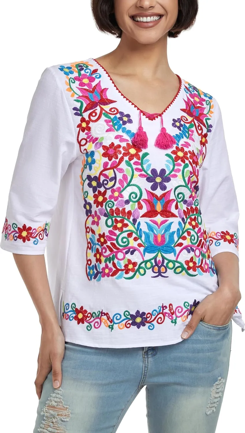 YZXDORWJ Women's Summer Embroidered Mexican Shirts Short Sleeve Casual Tops Blouse