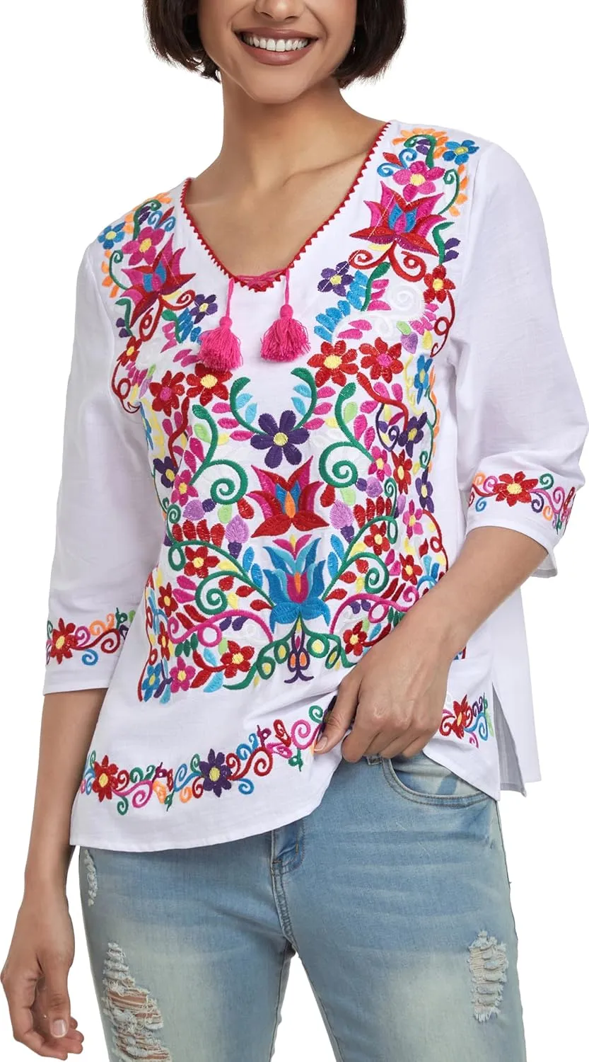 YZXDORWJ Women's Summer Embroidered Mexican Shirts Short Sleeve Casual Tops Blouse