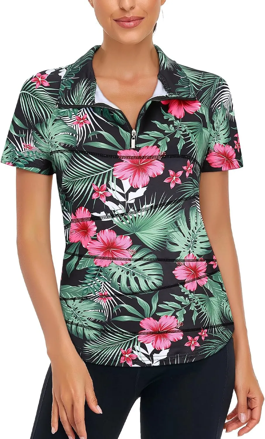 Zamowoty Women's Short Sleeve Golf Shirts 1/4 Zip Up Loose Yoga Running Workout Tops
