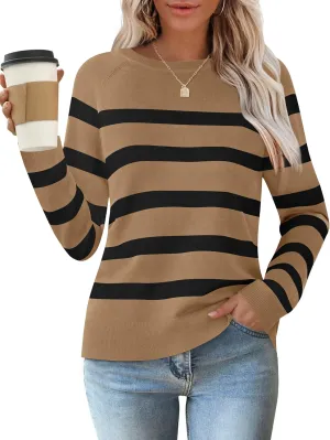 ZESICA Women's Long Sleeve Lightweight Striped Tops Fall Crewneck Ribbed Knit Shirts
