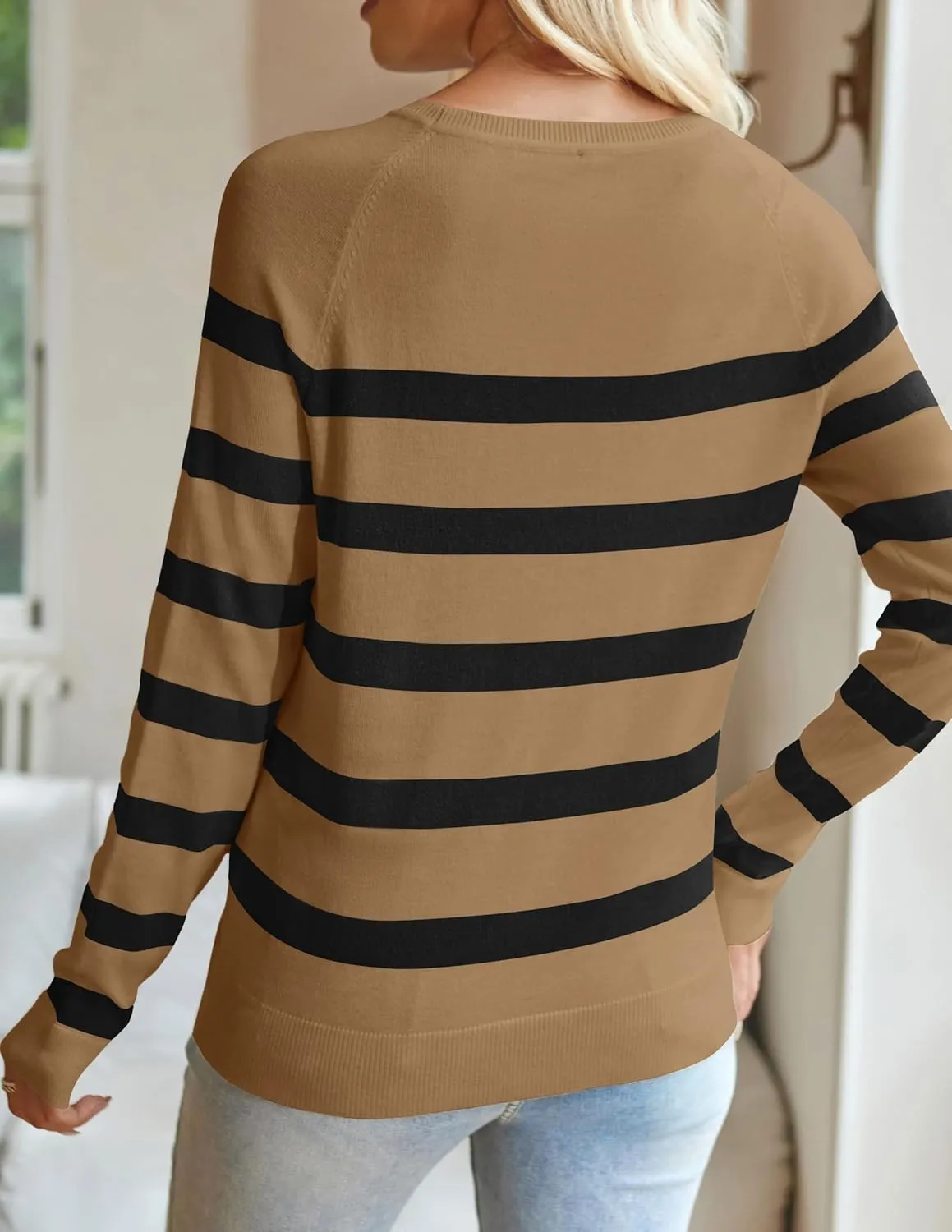 ZESICA Women's Long Sleeve Lightweight Striped Tops Fall Crewneck Ribbed Knit Shirts