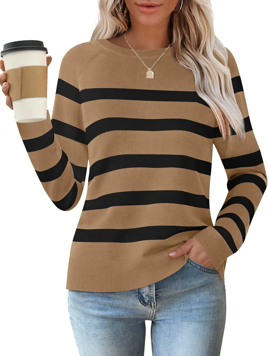 ZESICA Women's Long Sleeve Lightweight Striped Tops Fall Crewneck Ribbed Knit Shirts