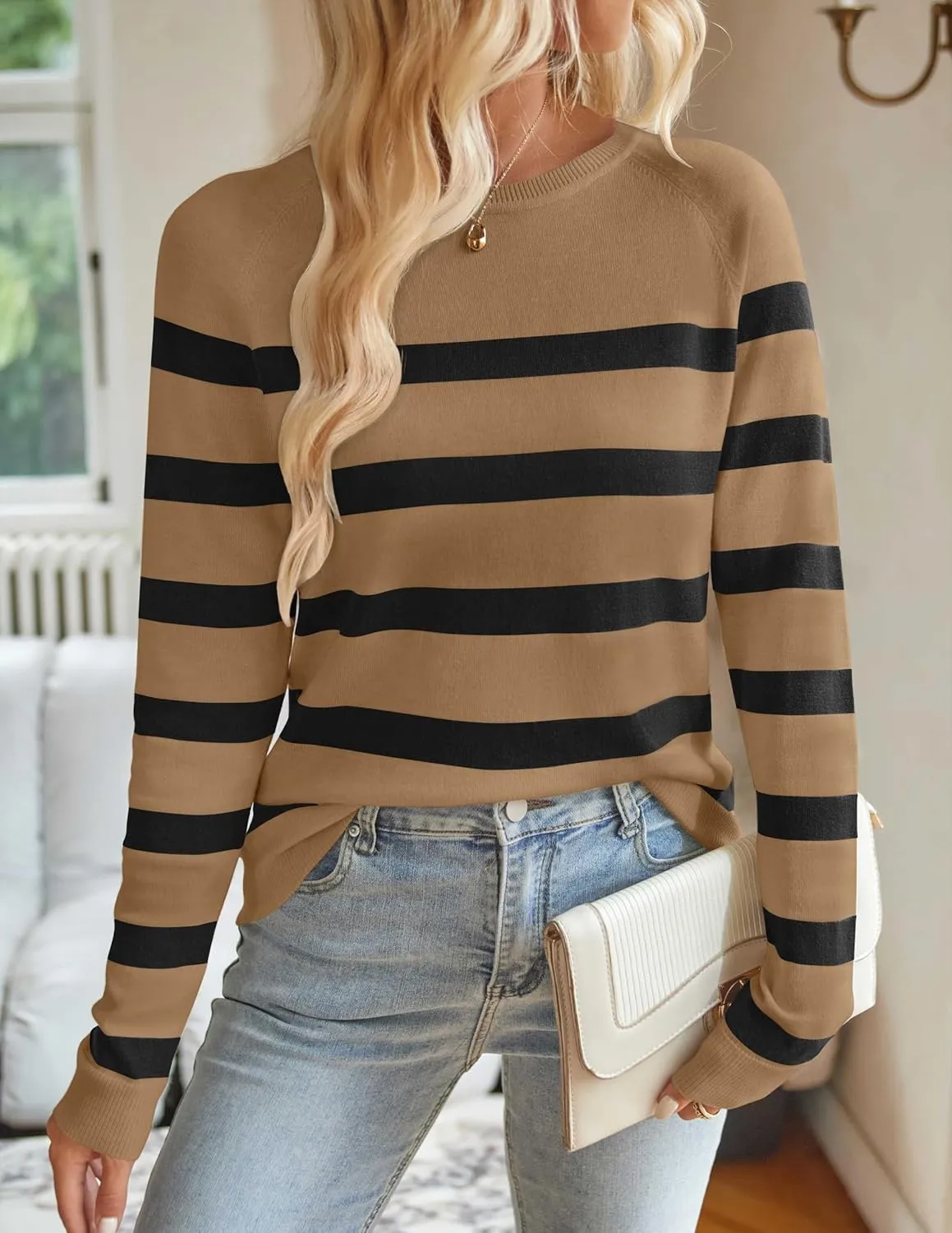 ZESICA Women's Long Sleeve Lightweight Striped Tops Fall Crewneck Ribbed Knit Shirts