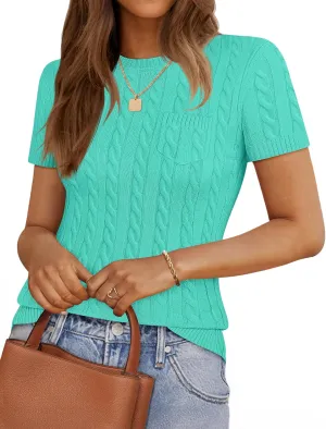 ZESICA Women's Trendy Short Sleeve Sweater Shirts Spring Summer Cable Knit Pullover Tops