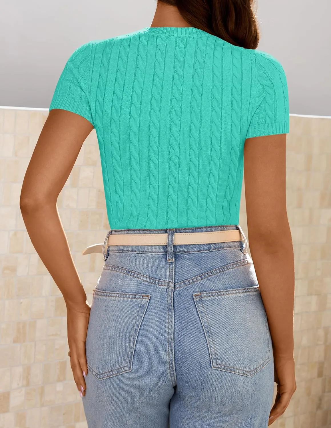 ZESICA Women's Trendy Short Sleeve Sweater Shirts Spring Summer Cable Knit Pullover Tops