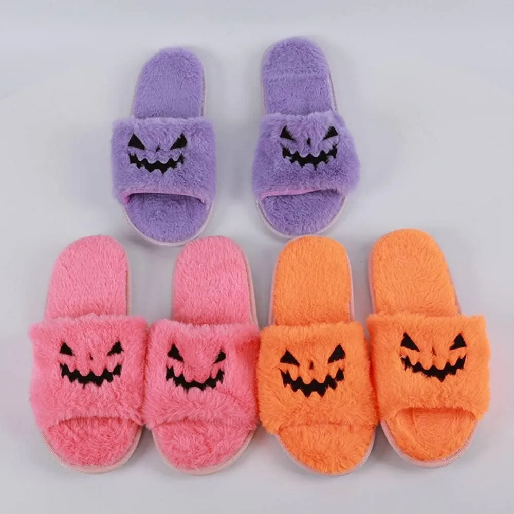 Zureto Halloween Pumpkin Slippers, Spooky Bat Slippers, Adults Fuzzy Slippers Soft Plush Cozy Open Toe Shoes