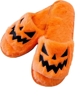 Zureto Halloween Pumpkin Slippers, Spooky Bat Slippers, Adults Fuzzy Slippers Soft Plush Cozy Open Toe Shoes